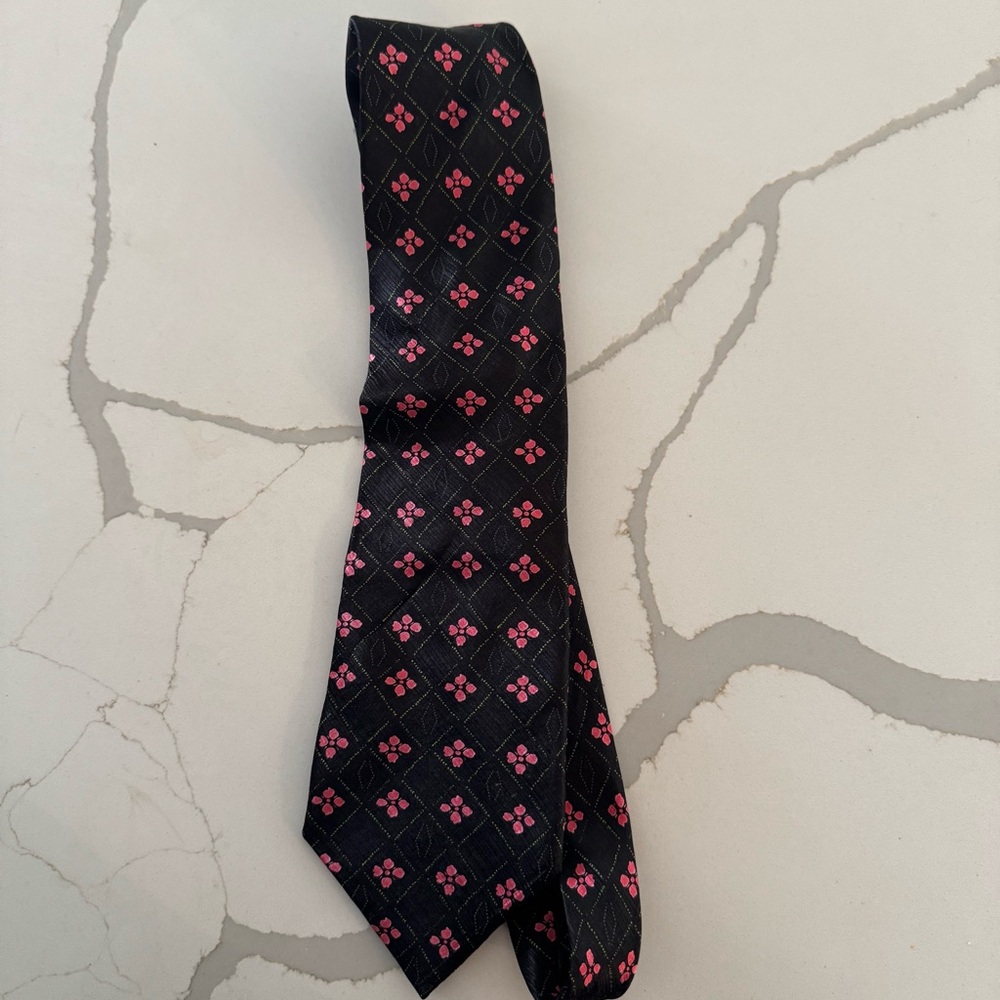 Paul Dione 100% Silk Floral Tie – Black with Pink Accents $18